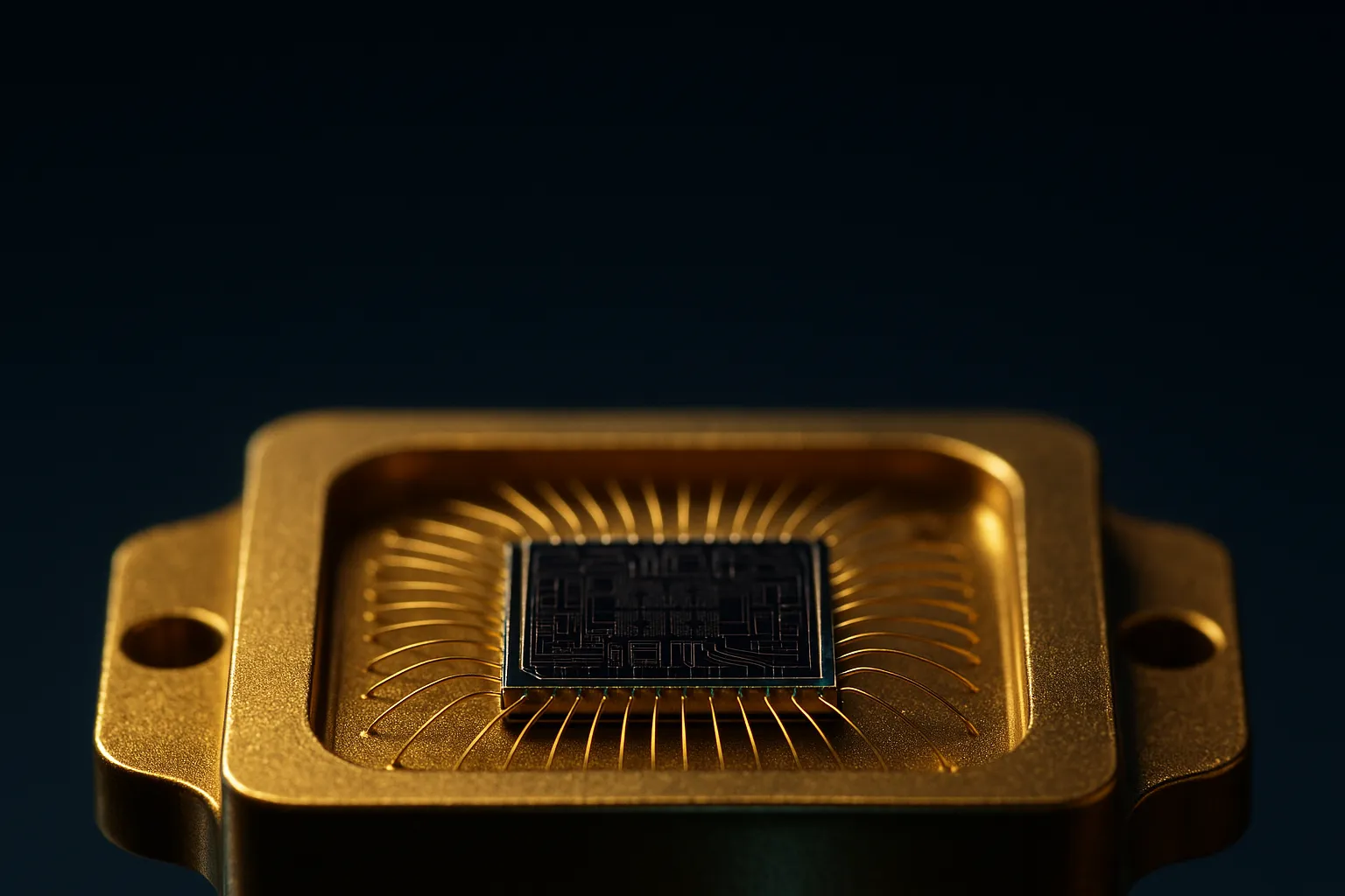 Macro photograph of a superconducting quantum processor chip mounted on its gold-plated carrier